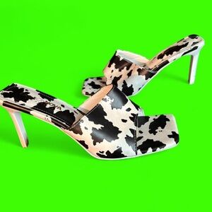 Fashion Nova Black & White Cow-Print Mule Heels